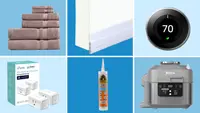 On top, collage of stack of different-sized towels in plum color, door stopper on bottom of white door, Ring thermostat with temperature on screen. On bottom, two white smart plugs next to tube of caulk material and gray air fryer.