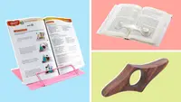 a three-panel image showing the Camelmother, Superior Essentials, and Talisma book holders on different colored backgrounds