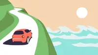 Cartoon of car driving along the coast on winding road.