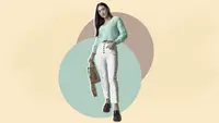 Woman wearing white jeans.