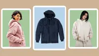 On left, person smiling while wearing pink weighted hoodie with hand in pocket. In middle, navy blue weighted zip-up hoodie. On right, person wears sand colored pullover weighted hoodie with hands inside of front pocket.