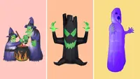 From left to right: Witches stirring a cauldron inflatables on a pink background, a spooky black tree inflatable on an orange background, and a purple ghost inflatable on a yellow background.