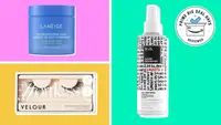 Collage featuring a Laneige face mask, a pair of Velour false eyelashes, and a hairspray from IGK.