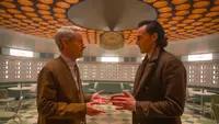 An image from the series 'Loki' featuring Tom Hiddleston as Loki and Owen Wilson as Mobius.