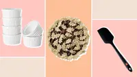 Photo collage of a stack of ramekin cups stacked on top of each other, a baked pie and a black rubber spatula.