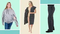 A collage featuring a hoodie with an arm zipper, a stylish gown and a pair of pants.