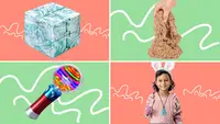 Photo collage of cube fidget toy, a hand playing with a pile of Kinetic Sand, a light up wand globe toy and a small child wearing a chew necklace around their neck.
