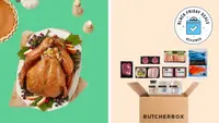 A turkey next to an open ButcherBox delivery with various meats displayed near the Black Friday Deals Reviewed badge in front of colored backgrounds.
