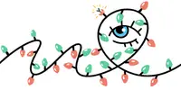 An illustration of a string of lights with one broken light being inspected by an eye.