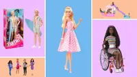 Collage of several Barbie toys, including Ken with a blue surfboard, Barbie in a pink gingham dress, a Barbie dreamboat, an inclusive Barbie in a wheelchair, and four Barbies with sports careers.