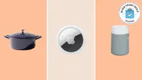 Dutch oven, AirTag, air purifier on orange background