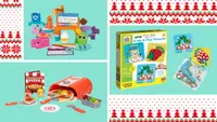 A LEGO City box set, two children playing with Air Toobz and an eeBoo Scavenger Hunt box set.