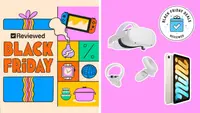 A graphic with products surrounding the words Black Friday next to two Amazon Black Friday deals on meta quest 2 and ipad.