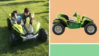 Photo collage of two children riding the Power Wheels Dune Racer on a grass lawn and a profile image of the Power Wheels Dune Racer.