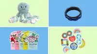 A stuffed animal octopus, LuckyArmor fidget ring, TonyMoly face masks, and a variety pack of Calm Strips.