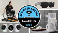Photo collage with a person in a wheelchair, three Garmin Venu 3 smart watches, a pair of Esight Go eyewear, and the Proclaim Health Custom-Jet Oral Health System.