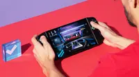 The Lenovo Legion Go with its game library menu on its screen.