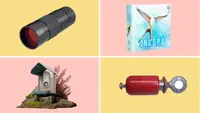 Four bird-related products sit on a colorblock peach and yellow background