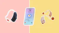 Three hearing aids and a smartphone on a pink and yellow background.
