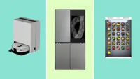 The Samsung Jet Bot Combo, Bespoke AI Family Hub refrigerator, and Samsung AI Vision Inside app appear together.