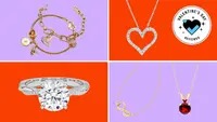 A colorful collage with necklaces, rings, and a Valentine's Day badge in the corner.