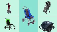 Photo collage of five strollers, including the Convaid Cruiser in red, Zippie Sphynx Stroller in green, Convaid Cruiser in blue, Thomashilfen Swifty 2 Lightweight Pediatric Stroller in black, and an overhead shot of the Baby Jogger Advance Mobility Freedom Stroller in black.