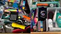 Cluttered junk drawer next to an organized junk drawer.