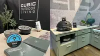 Left: Reviewed award sitting on a Cubic Outdoor Living KBIS station. Right: Retro green outdoor cabinet with grill built in