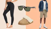 A model wearing black tights, a pair of sunglasses, a shearling slipper, and a model wearing khaki shorts with a denim jacket and a white T-shirt.