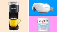 Three discounted Amazon items in front of colored backgrounds.