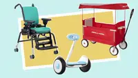 Three different types of wheelchair alternatives on a teal and yellow background.
