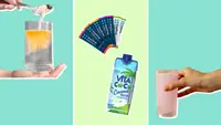 A collage of electrolyte drinks in front of a background.