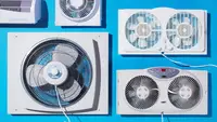 Five window fans appear on a blue background