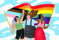 Graphic of three people wearing colorful outfits with the pride flag and trans visibility flag behind them