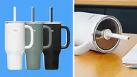 On the left side of the image, there are three white, green, and black, Oxo Strive Tumblers side-by-side on a blue background. On the right, there is a white Oxo Strive Tumbler on its side, showing the top of the tumbler.