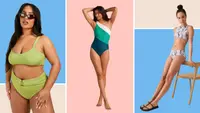 Models wearing bathing suit: A green bikini, a one-shoulder one-piece colorblocked option, and a blue printed bikini.