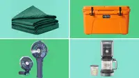 Four images arranged in a divided rectangle. Images on colored background show a green gravity weighted cooling blanket, an orange yeti cooler, a blue handheld fan, and a ninja creami