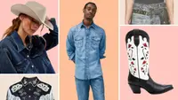 A model wearing a cowboy hat, a detail shot of a western shirt with fringe, a model wearing a denim western shirt, a detail of a pair of jeans with chaps, and a decorative cowboy boot.