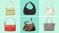 Collage of six purses from Tory Burch, Urban Expressions, Kate Spade, Michael Kors, Free People, and Dagne Dover in different colors