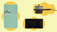 Collage of Magic Chef mini fridge, Magic Chef microwave, and Our Place Perfect Power Pot.