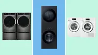 Washer-dryer sets by Electrolux, Samsung, and Miele against a color-blocked blue and green background.