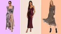 Three Macy's Best Dresses featuring three women wearing a floral-printed maxi dress, a burgundy-colored slip dress, and a floral-printed midi dress.