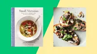 The cover of Small Victories cookbook next to an image from the book of mushrooms on toast.