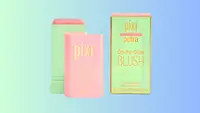 A Pixi On-the-Glow Blush stick and its packaging are displayed against a pastel gradient background.