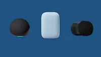 Amazon Echo, Google Audio, and Sonos smart speakers sit next to each other on a blue background