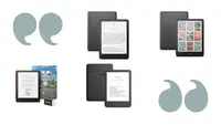 Four Kindles on a white background with large aqua quotation marks