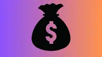 A large black money bag graphic on a orange and purple background