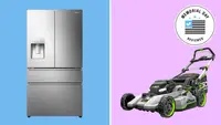 A Hisense French-door refrigerator on a blue background next to an EGO lawn mower on a pink background with a circular badge that says Memorial Day