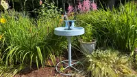 A Birdfy Bath Pro stands in a garden