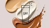 Foundation and sunscreen splotches on a blush background